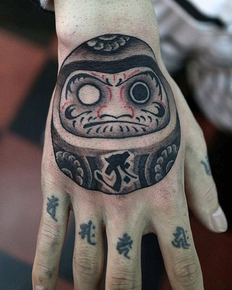 Simple Black And Grey Ink Daruma Doll Male Hand Tattoos Doll Hand Tattoo, Tattoo Daruma, Daruma Tattoo, Daruma Doll Tattoo, Tattoo Black And Grey, Tattoo Design For Hand, Hawk Tattoo, P Tattoo, Doll Tattoo