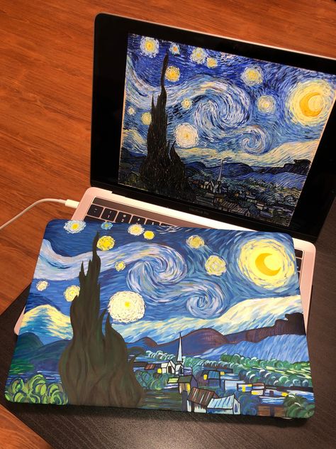 Painted Laptop, Starry Night Laptop Wallpaper, Painted Laptop Case, Von Gogh Painting Starry Nights, Start Night Van Gogh, Star Night Painting Vincent Van Gogh, Van Gohn Paint Starry Night, Starry Night Art, Starry Night Painting