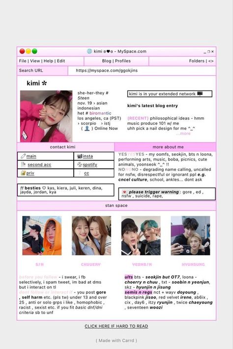 carrd inspo chuu loona myspace my space idea theme kpop carrd.co Myspace Aesthetic, Myspace Layout, Cute Tats, Y2k Party, Chuu Loona, Carrd Inspo, Blog Names, Blog Layout, Name Calling