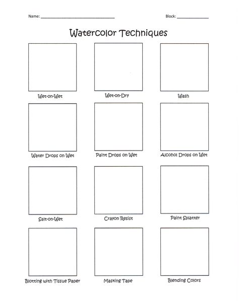 I made a watercolor worksheet for my Art 1 classes! #watercolor #worksheet #arteducation #paintingtechniques Watercolour Techniques Worksheet, Watercolor Lessons Middle School, Watercolor Practice Worksheet, Art Worksheets Printables High School, Watercolor Lessons High School, Watercolor Art Lessons High School, Watercolor Art Projects High School, Watercolour Worksheet, Middle School Watercolor Projects