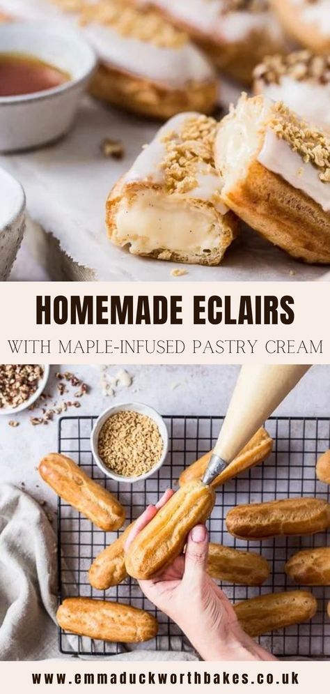 Homemade Eclairs with Maple-Infused Pastry Cream are made with light choux pastries and filled with a homemade maple-infused pastry cream and dipped in maple glaze. Each and every bite includes the ultimate maple flavor with candied pecans. This easy dessert can be made following an easy-to-follow guide. Maple Pastry Cream, Eclair Flavors, Eclair Recipes, Homemade Eclairs, Nuts Recipes, Choux Dough, Choux Cream, Seasonal Baking, French Dessert Recipes