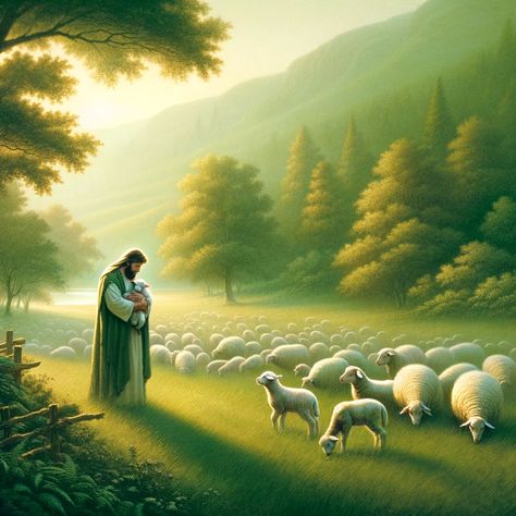 A peaceful, pastoral scene depicting the metaphor of Psalm 23:1, with a serene shepherd tenderly caring for his flock of sheep in a lush, green meadow. The shepherd represents guidance and protection, embodying the concept of God's role in our lives as described in the verse. The sheep are content and secure, symbolizing trust and comfort under the shepherd's watchful eye. The landscape is... Angelic Artwork, Anime Jesus, Jesus Shepherd, Images Of Faith, Good Shepard, Aigle Royal, Christian Soldiers, Christian Illustration, Flock Of Sheep