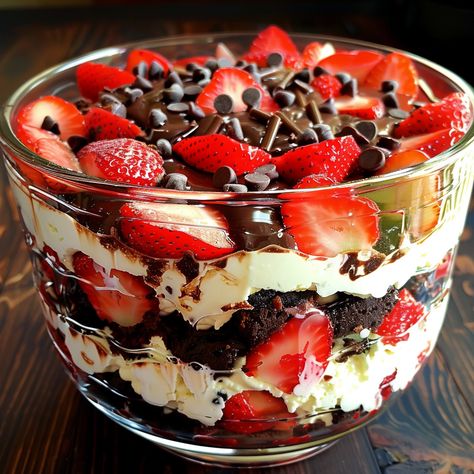 Strawberry Chocolate Brownie Trifle Strawberry Truffle Cake, Brownie Strawberry Trifle, Chocolate Brownie Trifle Recipe, Trifle Recipes Easy Simple, Brownie Layered Desserts, Strawberry Trifle Recipes, Truffle Desserts Layered, Brownie Trifle Recipes, Dessert Trifle Recipes