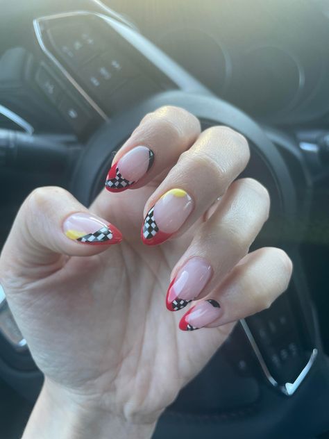 Nails For Spain Trip, Formula One Nails, Formula 1 Nails, Ferrari Nails, F1 Nails, Racing Nails, Uñas Ideas, Checkered Nails, Themed Nails