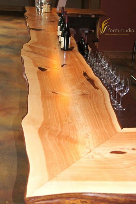 Live edge bar top - natural edge slabs are available at http://www.BerkshireProducts.com Bar Tops Diy, Live Edge Bar Top, Reclaimed Wood Bar, Wood Bar Top, Bar Countertops, Live Edge Bar, Countertops Diy, Bar Tops, Diy Countertops