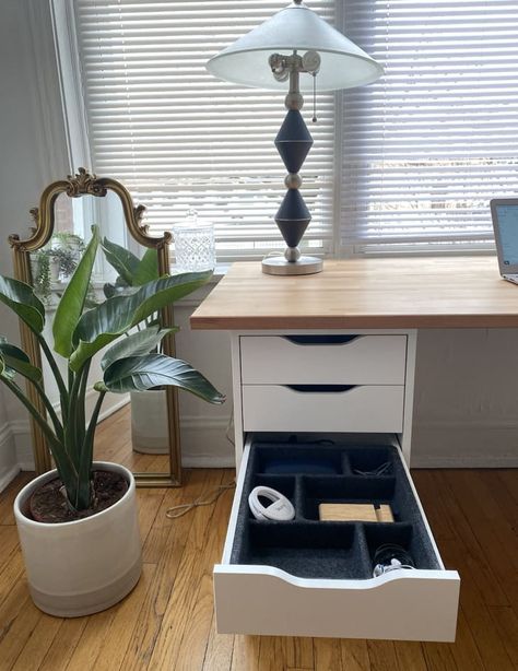 This $15 IKEA Closet Tray Is a Stylish, No-Fail Drawer Organizer for a WFH Setup | Apartment Therapy Ikea Desk Drawers, Ikea Alex Organizer, Desk Decor Items, Ikea Drawer Organizer, Alex Drawer Organization, Small Drawer Organizer, Ikea Alex Desk, Work Desk Organization, Office Drawer Organization