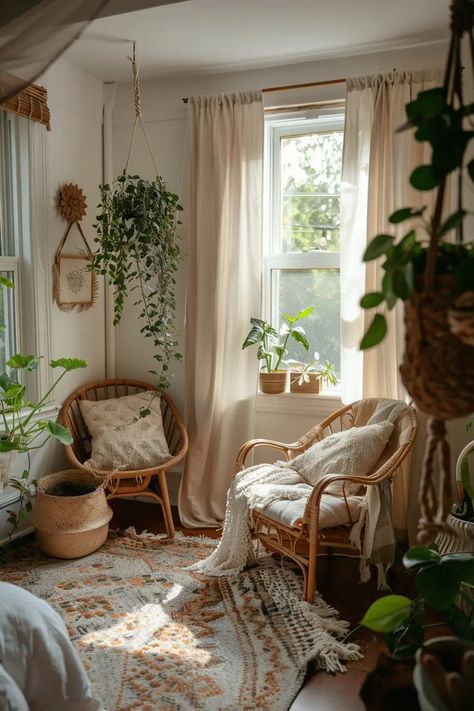 Small Boho Bedroom Ideas: Embrace the Bohemian Vibe in Tiny Spaces Plants Boho Bedroom, Boho Room Decor Bedroom, Plant Vibes Bedroom, Small Bedroom Ideas Earthy, Boho Planty Bedroom, Organic Room Decor, Textile Home Decor, Indie Minimalist Bedroom, Small Room Boho Decor