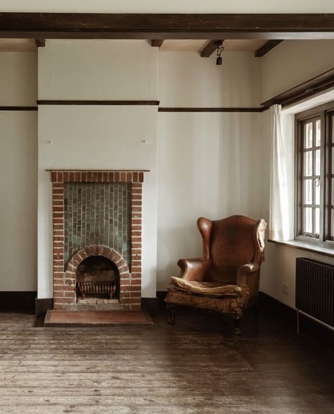 Chimney aesthetic, rustic countryside english home, green tiles fireplace Chimney Aesthetic, Tiled Chimney, Green Tile Fireplace, Tiles Fireplace, Green Tiles, Tile Fireplace, English Home, Home Green, English House