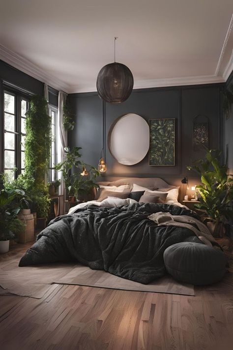 Dark Bedding Aesthetic, Dark Minimalist Bedroom, Dark Bedrooms, Rustic Bedrooms, Minimalist Bedroom Ideas, Mens Bedroom Decor, Modern Bedroom Ideas, Glam Bedroom Decor, Bedroom Wall Decoration