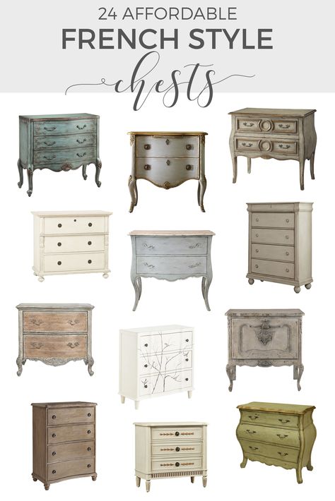 French Dressers | If you're looking for a French dresser with great style at a reasonable price, this shopping guide offers 24 affordable French style chests. -----> #dressers #frenchchests #chestofdrawers #frenchfurniture #frenchchestofdrawers #frenchstyledressers #paintedfurniture #affordabledresserideas #frenchfurnitureshoppingguide #vintagestylechestofdrawers #farmhousechestofdrawers #wheretobuyfrenchfurniture Hamptons Decorating, French Farmhouse Furniture, Country Home Interior Design, French Farmhouse Bedroom, Modern French Home, Country Home Kitchen, Modern French Style, French Country Interior Design, Country Home Interiors