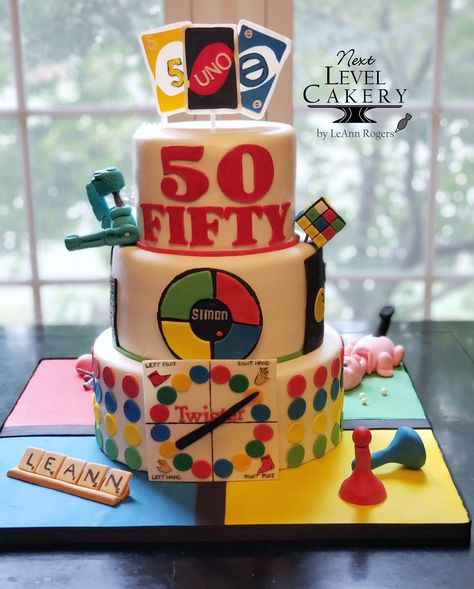 50th birthday cake, game night cake, board games cake Board Game Birthday Cake Ideas, Game Night Cake Ideas, Board Game Cake Ideas, Game Night Birthday Cake, Board Game Birthday Cake, Game Night Cake, Board Game Cake, Family Game Night Party, Games Cake