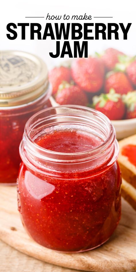 3-Ingredient Homemade Strawberry Jam - Nurtured Homes Mock Strawberry Jam, Home Made Strawberry Jam, Refrigerator Strawberry Jam, Homemade Strawberry Jelly, Homemade Jam Recipes, Pectin Recipes, Fruit Jam Recipes, Homemade Raspberry Jam, Diy Lip Balm Recipes