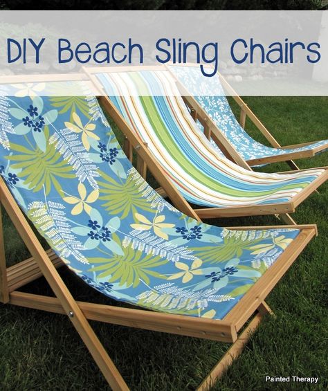 DIY Folding Sling Chairs.  Have frames. Like the sling pattern held with dowel. It could work. :) Beach Chairs Diy, Folding Beach Chair, Diy Beach, Shanty 2 Chic, Design Café, Beach Diy, Beach Chair, Lawn Chairs, Sling Chair