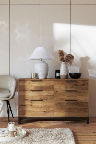 Natural Bronx Oak Effect 6 Drawer Wide Chest Chest Of Drawers Bedroom Ideas, Wooden Chest Of Drawers Bedroom, Chest Of Drawers Decor, Brown Chest Of Drawers, Rustic Chest Of Drawers, Chambre Inspo, Chest Of Drawers Bedroom, Wide Chest Of Drawers, Drawer Lights