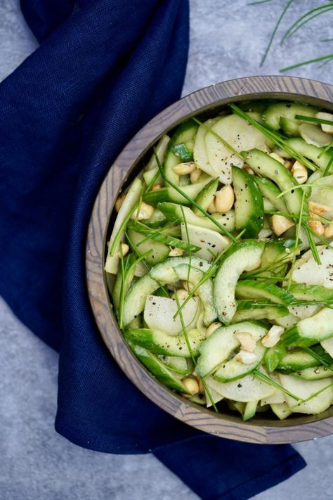 Cucumber And Kohlrabi Salad – SIMMER + SAUCE Kohlrabi Salad, Salad For Summer, Kohlrabi Recipes, Vegetable Side, Garden Recipes, Fresh Chives, Collard Greens, Cucumber Salad, Dish Recipes