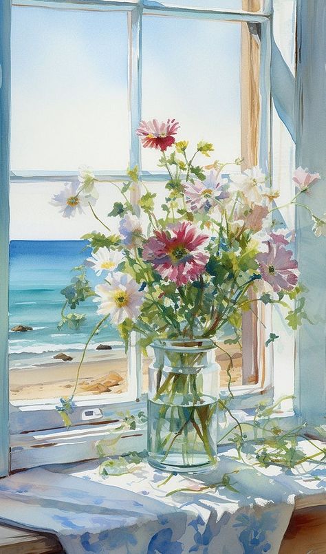 Color Water Painting Beautiful, Flower Vase Painting Watercolor, Watercolor Pictures To Paint, Flowers On Window Sill, Aesthetic Watercolor Art Ideas, Painting Of Flowers In Vase, Flowers On Window, Aesthetic Watercolor Painting, Watercolor Window