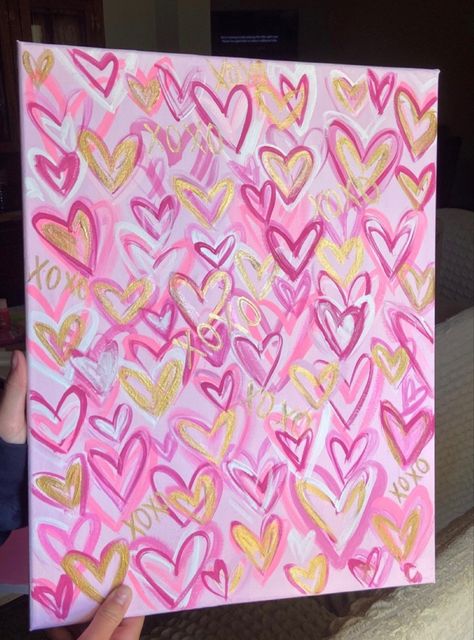 Spray Paint Heart Canvas, Pink Dorm Paintings, Paintings For Bedroom Aesthetic, Cute Heart Paintings On Canvas, Xoxo Painting Canvases, Preppy Abstract Art, Aesthetic Room Paintings, Xo Painting, Heart Painting Aesthetic