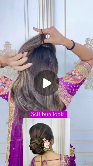 Rushi Patel |  Bridal Hairstylist | Makeup Artist on Instagram: "Self bun look .. . . . #rushipatelhairstylist #selfhair #selfhairstyle #selfbun #selfhaircut #selfhairdo #selfhairbun #selfhairstyle #selfcurls😍" Hairstyle By Self, Simple Jura Hair Styles, Hair Bun Styles With Saree, Prom Hair Braids, Self Hairstyle, Curls For Prom, Braided Prom Hairstyles, Festival Hair Braids, Bun Look