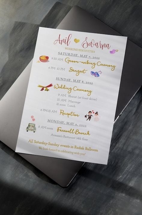 Wedding Schedule, Guest Room Design, Wedding Itinerary, Traditional Indian Wedding, Desi Wedding, Hindu Wedding, Wedding Weekend, Lobby, Invitation Paper