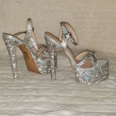 Bejeweled Pandora Silver Sparkling Rhinestone Platform 6.5" Heels… Pageant Platform Ideas, Prom Heels Sparkly, Rhinestone Platform Heels, Hoco Shoes, Silver Heels Prom, Pageant Shoes, Silver Platform Heels, Silver Sparkly Heels, Diamond Heels