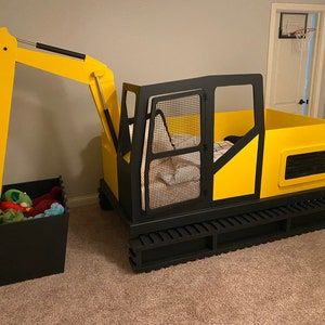 Diy Bed Plans Dxf Bed Plans Excavator Bed Plans Toddler Bed - Etsy Construction Beds For Boys, Construction Bed Toddler, Custom Kids Bed, Adult Bed Rails, Tonka Truck Storage Kids Rooms, Kids Construction Room, Tractor Beds For Boys, Fun Toddler Bed, Toddler Boy Construction Room