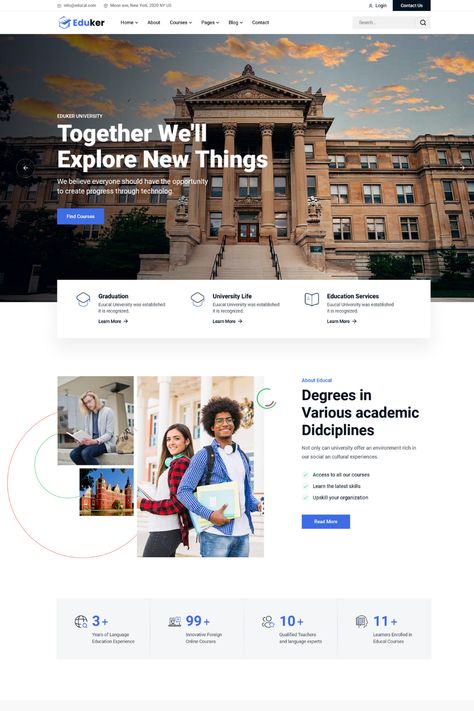 Eduker is a modern and versatile WordPress theme designed for educational websites of all kinds. Its clean and intuitive design offers a seamless user experience for both educators and learners. Eduker includes pre-designed pages for course listings, instructor profiles, and course details, and is fully customizable to match your branding.Eduker is responsive and optimized for search engines, ensuring your website is accessible on any device and can be easily found by potential learners. School Website Design Inspiration, Education Website Design Inspiration, Course Website Design, Education Website Design, School Website Design, School Websites, Intuitive Design, School Website, University Life