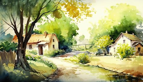 자작나무 그림, Village Scene Drawing, Master Watercolor, Watercolor Scenery, Design Art Nouveau, Watercolor Art Landscape, Watercolor Paintings Nature, Watercolour Landscape, Watercolor Architecture