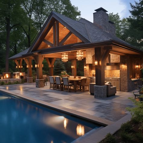 21 Stunning backyard pool and kitchen ideas to copy Backyard With Pool And Covered Patio, Patio Ideas With Kitchen, Covered Patio Ranch House, Cover Back Porch Ideas, Dream Backyard Pool And Outdoor Kitchen, Pavilion Outdoor Kitchen, Pool With Grill Area, Poolside Gazebo Ideas, Backyard Pool And Outdoor Kitchen Ideas