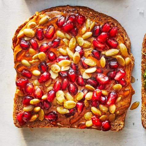 pomegranate-almond-toast-recipe-0121foo Foods To Eat For Breakfast, Healthiest Foods To Eat, Healthiest Breakfast, Healthiest Food, Breakfast Essentials, Whole Wheat Sourdough, Pomegranate Recipes, Kid Recipes, Healthiest Foods