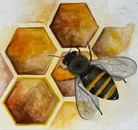 Bees And Flowers Painting, Bee And Honey Comb Drawing, Bee Hive Drawing Honeycombs, Bee Honeycomb Art, Honeycomb Watercolor Painting, Honeycomb Painting Acrylic, Painting Bees Easy, Painted Bees Easy, Bee Painting Ideas