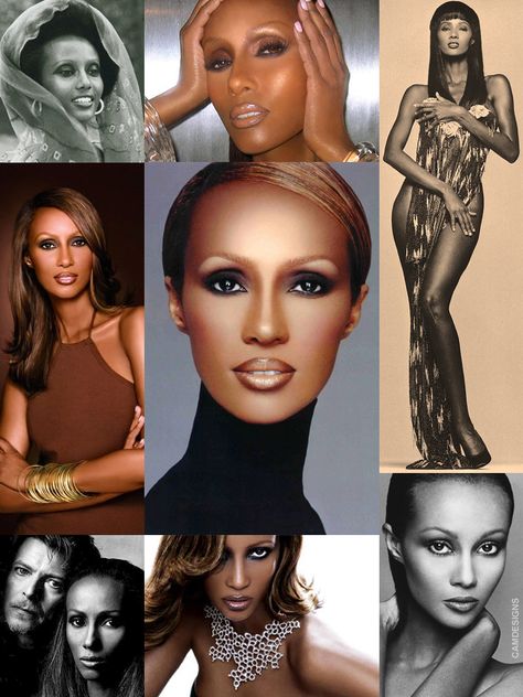 Iman Mohamed Abdulmajid (Somali: Iimaan Maxamed Cabdulmajiid, Arabic: ايمان محمد عبد المجيد‎) (b. July 25, 1955),  known as Iman (which means "faith" in Arabic), is a Somali model, actress & entrepreneur. A pioneer in the field of ethnic cosmetics, she is noted for her charitable work. While at the University of Nairobi, she was discovered by photographer Peter Beard. Her assignment was for Vogue a year later in 1976. She soon established herself as a supermodel. She is married to David Bowie. Iman Cosmetics, Sultry Makeup, Deep Set Eyes, Braut Make-up, Linda Evangelista, Top Models, Eye Makeup Tips, Smokey Eye Makeup, Pretty Eyes