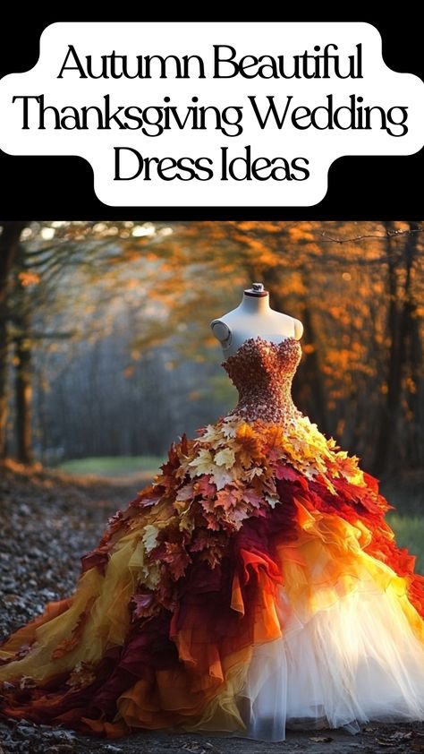 Wedding dress ideas for a fall-themed Thanksgiving ceremony Autumn Colored Wedding Dress, Fall Color Bridesmaids Dresses, Thanksgiving Dress Color, Thanksgiving Wedding Dress, Yellow Fall Wedding Dress, Autumn Leaves Wedding Dress, Fall Gradient Bridesmaid Dresses, Fall Leaves Dress, Cozy Thanksgiving