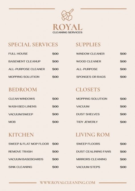 free  edit and get this elegant royal cleaning services price list template for free excel sample Cleaning Business Price List, Cleaning Price List, Cleaning Buisness, Luxury Cleaning, Cleaning Services Prices, House Cleaning Business, Home Cleaning Services, Price List Design, Health And Wellness Center