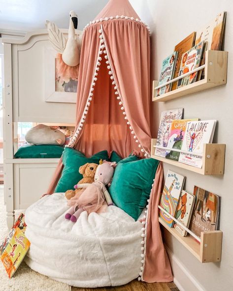 Simple Reading Nook for Kids - Cotton Stem Girly Full Length Mirror, Reading Corner Toddler Room, Library Diy, Minnesota Cabin, Kids Bed Canopy, Reading Nook Kids, Nursery Bookshelf, Hanging Tent, Kids Canopy