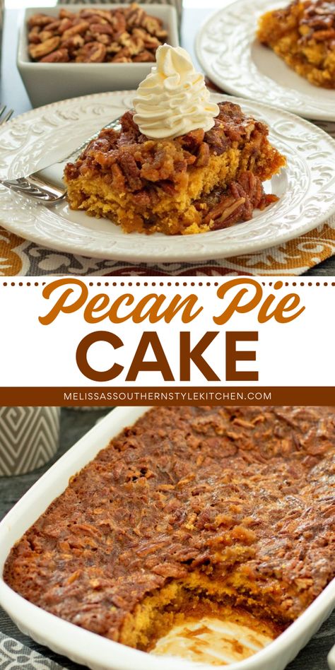 Indulge in the decadent flavors of pecan pie with this simple and delicious Pecan Pie Cake recipe. You’re guaranteed to impress your family and friends with this easy-to-make dessert that combines all the flavors of a classic pecan pie in a moist and fluffy cake! Pecan Pie Cake Recipe Easy, Soul Food Thanksgiving Recipes, Pecan Cake Filling, Crustless Pecan Pie Recipe, Unique Christmas Desserts, Pecan Pie Cake Recipe, Thanksgiving Food List, Pie Cake Recipe, Pecan Desserts Recipes