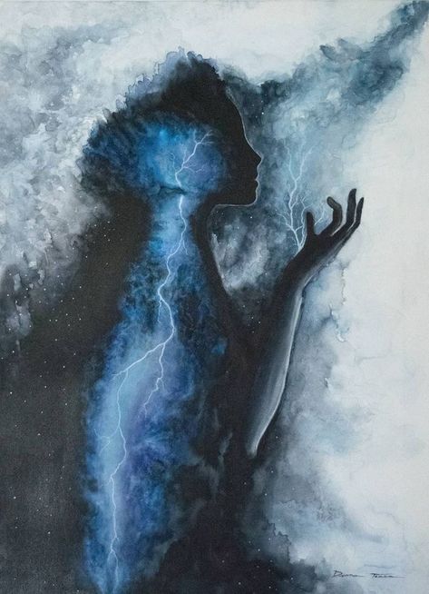 Lightning Art, Storm Art, Art Watercolor Painting, Lucy In The Sky, Sky Painting, Watercolor Canvas, Sky Art, Woman Painting, Double Exposure