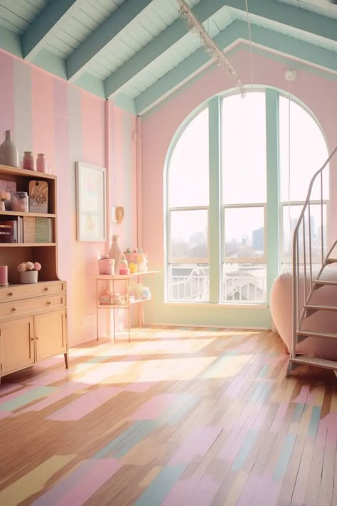 Pastel Colors Scheme, Pastel Staircase, Pastel 80s Aesthetic, Pastel Interior Design Living Room, Pastel Pink Aesthetic Room, Pastel House Exterior, Pastel Entryway, Room Aesthetic Pastel, Pastel Color Room