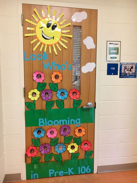 PreK Spring door. Look Who's Blooming Flower Theme Classroom Door Decoration, Preschool Door Decorations Spring, Spring Door Ideas For Preschool, Spring Door Decorations For Preschool, Flower Door Decorations Classroom, Spring Classroom Door Ideas Preschool, Spring Preschool Door Ideas, Spring Door Decorations For School, Spring Door Ideas For Classroom