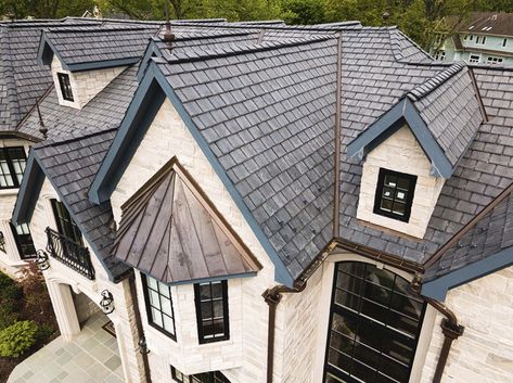 #1 Synthetic Slate Roofing - Composite Slate Roof Tiles: 50 Year Warranty Faux Slate Roof, Slate Roof House, Synthetic Slate Roofing, Home Exterior Colors Schemes, Slate Shingles, Slate Roof Tiles, Stone Porches, Roofing Shingles, Roofing Ideas