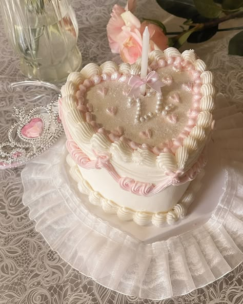 birthday cake inspo🎀🤍 Pink Heart Shaped Vintage Cake, Heart Cake Coquette, Heart Ice Cream Cake, Heart Cake Pink And White, Coquette Bday Cake, Pink And White Vintage Cake, Birthday Cake Aesthetic Heart, 23 Birthday Ideas Cake, Vintage Heart Cakes Birthday