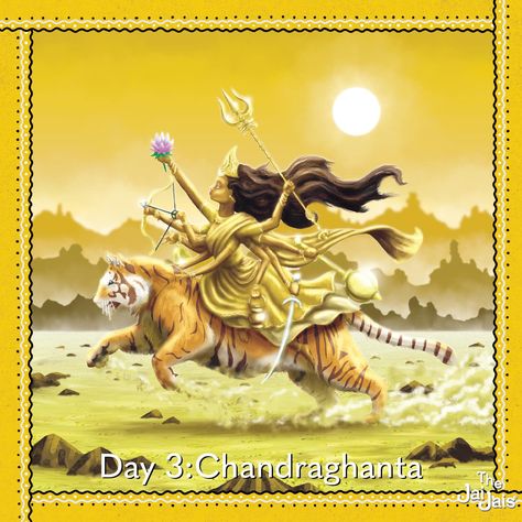 The Jai Jais - DAY THREE: MAA CHANDRAGHANTA On the third... Chandra Ghanta Maa Images, Chandra Ghanta Maa, Chandraghanta Devi, Maa Chandraghanta, Maa Image, Devi Durga, Durga Maa, Worship, Quick Saves