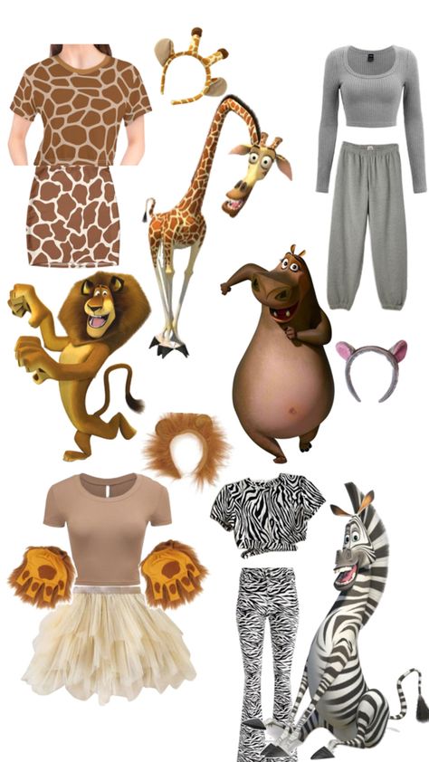 I have never seen this costume four person costume cute and funny Madagascar Halloween Costumes, Chipettes Costume, Madagascar Costumes, Animal Costumes Women, Black Hair Halloween Costumes, Lion Outfit, Shrek Costume, Sid The Sloth, Hair Halloween