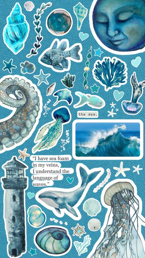 #blue #theocean #ocean #seacreatures #sea #collage #scrapbook Vintage Aesthetic Stickers Printables, Sea Collage, Jesus Art Drawing, Blue Scrapbook, Cute Home Screen Wallpaper, Diary Diy, Cute Home Screens, Phone Wallpaper Boho, Bullet Journal Cover Ideas