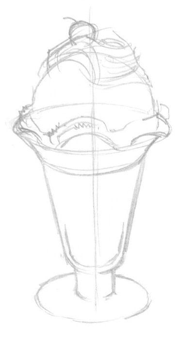 How to make a drawing. Ice Cream Sundae - Step 2 Realistic Dessert Drawing, Ice Cream Sunday Drawing, How To Draw Ice Cream Step By Step, Food Drawings Sketches, Ice Cream Scoop Drawing, Ice Cream Reference Drawing, Deserts Drawings, How To Draw Sweets, How To Draw Whipped Cream