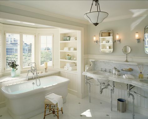 Benjamin Moore Paint Color: Benjamin Moore ice cap 1576 #BenjaminMoore #IceCap 1576 #PaintColor Beach Style Bathroom, Victorian Bathroom, Cottage Bathroom, New England Homes, Traditional Bathroom, Built In Shelves, Free Standing Tub, House And Home Magazine, Beautiful Bathrooms