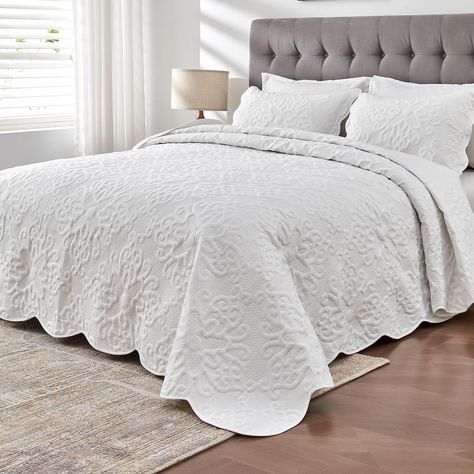 PRICES MAY VARY. Oversized - Perfect for extra wide king/cal king size bed, split king adjustable bed or tall bed with thick mattress. Our oversized bedspread measures 128 x 120" will reaches or almost reaches the floor on both sides and the end of the bed, even no need for a dust ruffle or bed skirt. Classic Decoration - Gorgeous pattern brings elegant look for making up the bed. Reversible with the same pattern and color on both sides. The coverlet set includes 1 bedspread and 2 20x30 pillow s King Size Quilt Sets Master Bedrooms, Layered Bedspread Ideas, Simple Bed Spreads, Bedspread Ideas Cozy Bedroom, Bedspreads Ideas, White Quilt Bedroom Ideas, King Size Bedding Ideas, 20x30 Pillow, White Bed Spread