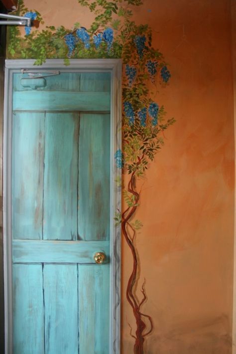 Rustic Painted Doors Interior, Vine Painted On Wall, Bathroom Door Mural, Front Door Murals Painted, Painted Vines On Wood, Bedroom Door Mural, Door Frame Art, Hand Painted Doors, Painting Doors Creative