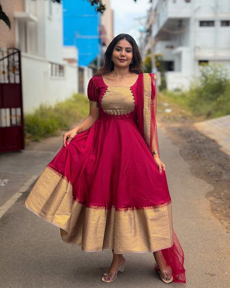 ANJALI- RED, PINK🌸 .Silk Anarkalis from @labelkamra ||DIWALI EDITION||LK294 Long Frock Back Neck Models, Latest Trendy Dresses Indian, Traditional Frocks For Women, Silk Saree Dress Gowns, Kurti Back Neck Designs Pattern, Saree To Anarkali Dress Pattern, Silk Suits Designs Latest, Dress With Saree, Gown From Saree