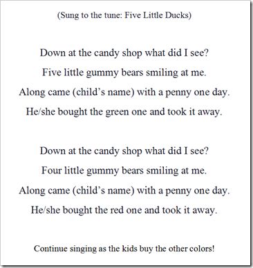 cute gummy bear song to practice colors, counting backwards, and the value of a penny Preschool Food Songs Circle Time, Counting Songs For Kindergarten, Goodbye Circle Time Songs, Preschool Bear Songs, Im A Gummy Bear Song, Book Scavenger, Candy Song, Book Scavenger Hunt, Toddler Circle Time