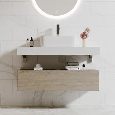 Floating Vanity Bathroom, Faux Marble Countertop, Rectangular Vessel Sink, Floating Sink, Black Vanity Bathroom, Wall Mounted Bathroom Cabinets, Basin White, Natural Bathroom, Floating Bathroom Vanity